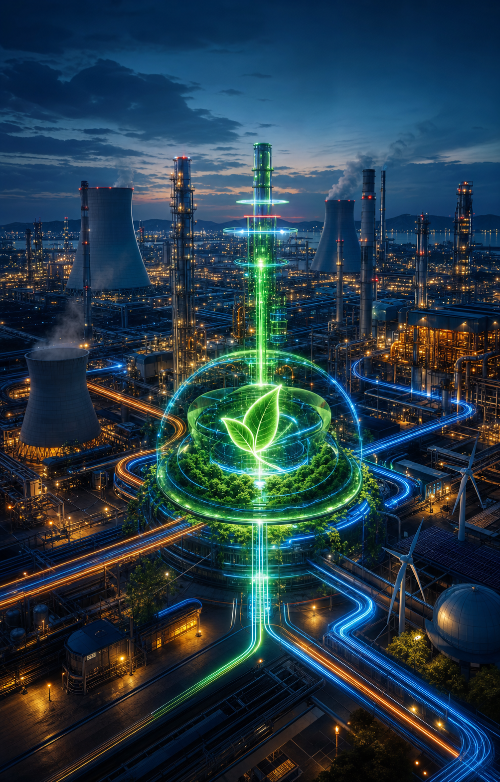Cinematic industrial energy-management facility with efficient power flows and sustainable technology