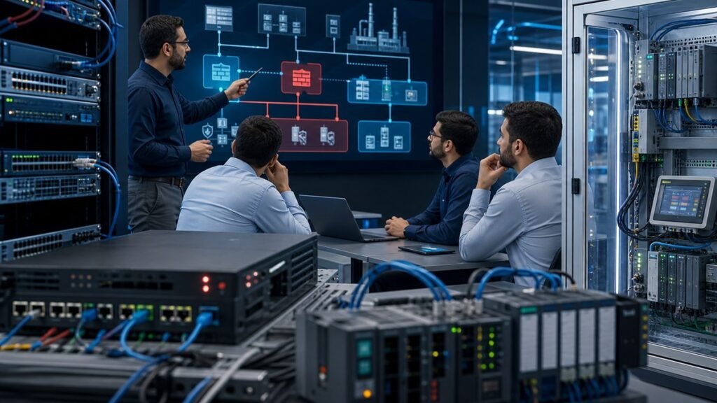 Male automation engineers reviewing OT cybersecurity network equipment and dashboards